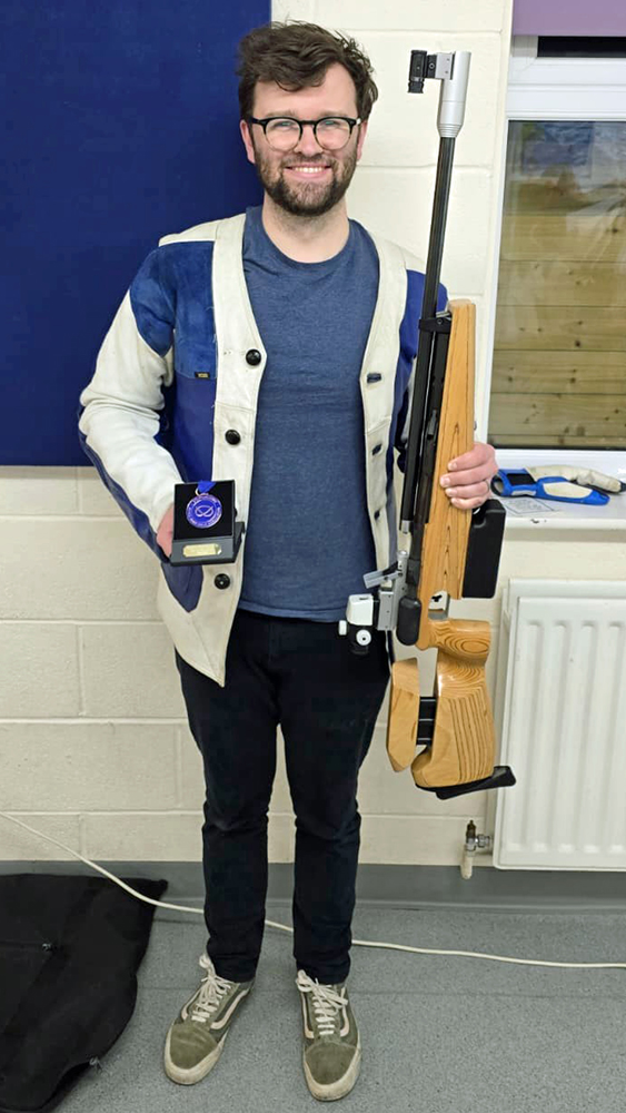 Photograph shows Duncan Coltart of Lichfield Rifle and Pistol Club, proudly displaying his SSRA Individual 10 Metres Air Rifle 'B' League Winter 2025/2026 3rd place medal.
