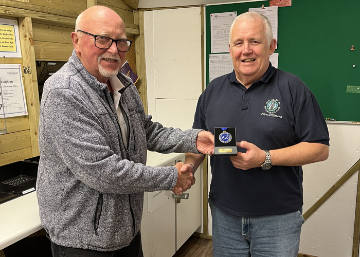 The above photograph shows City of Stoke RPC Chairman, Mike Baxter (pictured left) presenting Alan Whitmore of City of Stoke RPC (pictured right)  with his SSRA Individual 10 Metres Air Rifle 'B' League 1st Place Medal.