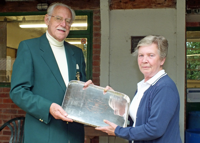 Photograph shows SSRA President - Major (Retired) Peter Martin MBE, pictured left - presenting the James Beattie Tray to Mrs. M. Bayley, pictured right.