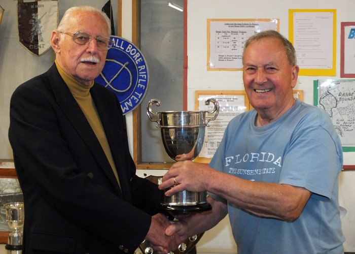 Photograph shows SSRA President - Major (Retired) Peter Martin MBE, pictured left - presenting the R.W. De Nicolas Memorial Trophy to Mike Willcox, pictured right.
