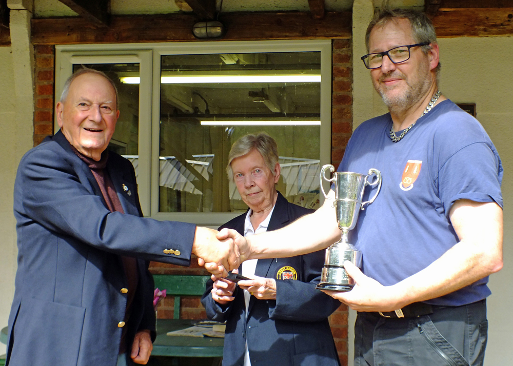 Photograph shows SSRA President - Mike B.P. Willcox (pictured left), presenting the Moat Cup for 2025 to Paul Baron (pictured right).