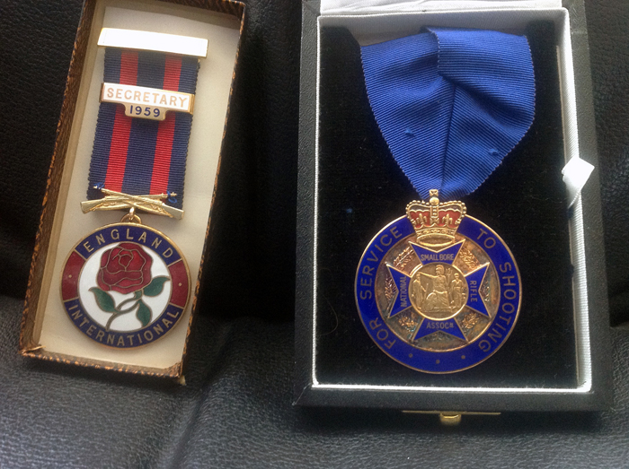 Photograph shows E.J. Chipperfield's England International Secretary 1959 Medal, plus his NSRA Special Award Medal For 'Services To Shooting'.