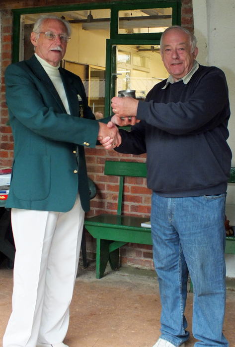 Photograph shows D. Bayley (pictured right) receiving the Astor Tankard on behalf of City of Birmingham from SSRA President, Major (Retired) Peter Martin, MBE (pictured left).