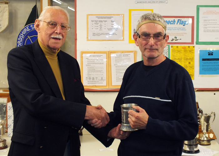 Photograph shows SSRA President - Major (Retired) Peter Martin MBE, pictured left - presenting the Astor Tankard to Brian Tonks, pictured right, who gratefully received the award on behalf of City of Birmingham Rifle Club.