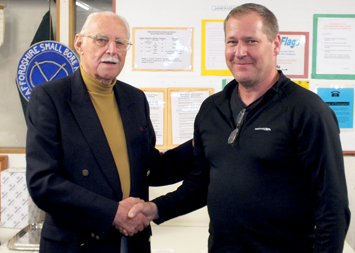 Photograph shows SSRA President - Major (Retired) Peter Martin MBE, pictured left - congratulating Paul Baron, pictured right, on winning the Chipperfield Cup.