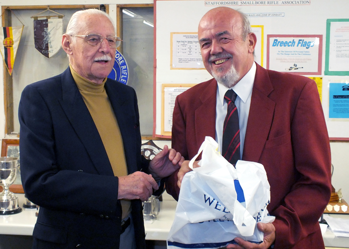 Photograph shows SSRA President - Major (Retired) Peter Martin MBE, pictured left - presenting the Staffordshire Open - Class B - 1st Place Prize to Richard Tilstone, pictured right.