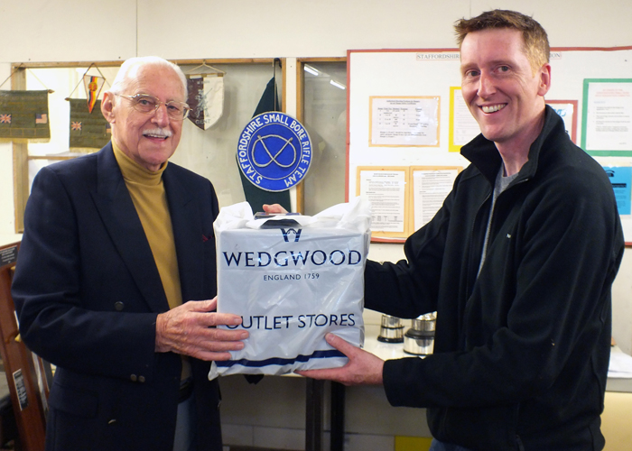 Photograph shows SSRA President - Major (Retired) Peter Martin MBE, pictured left - presenting the Staffordshire Open - Class A - 1st Place Prize to Simon Green, pictured right.