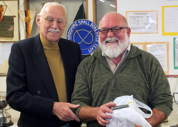 Photograph shows SSRA President - Major (Retired) Peter Martin MBE, pictured left - presenting the Staffordshire Open - Class C - 2nd Place Prize to Will Morgan, pictured right.