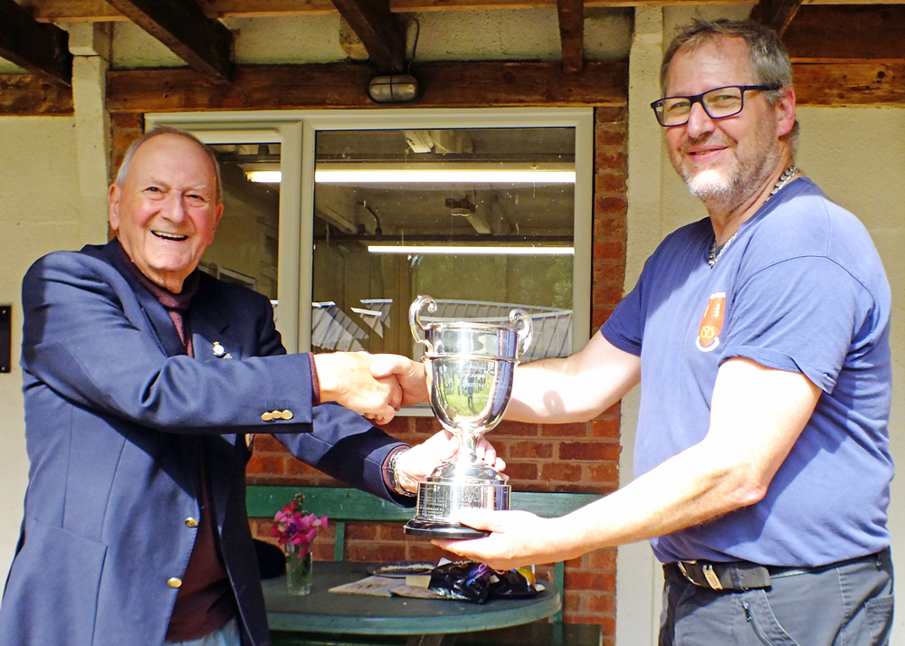 Photograph shows SSRA President - Mike B.P. Willcox (pictured left), presenting the R.W. De Nicolas Memorial Trophy for 2025 to Paul Baron (pictured right).
