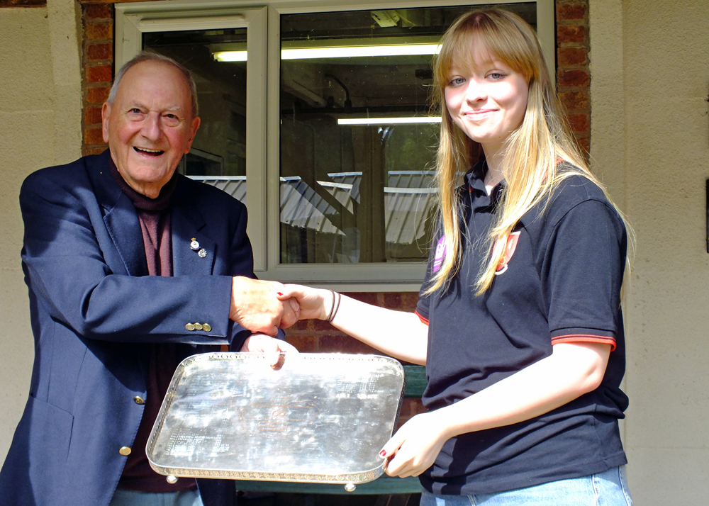 Photograph shows SSRA President - Mike B.P. Willcox (pictured left), presenting the James Beattie Tray for 2025 to Phoebe Houghton (pictured right).