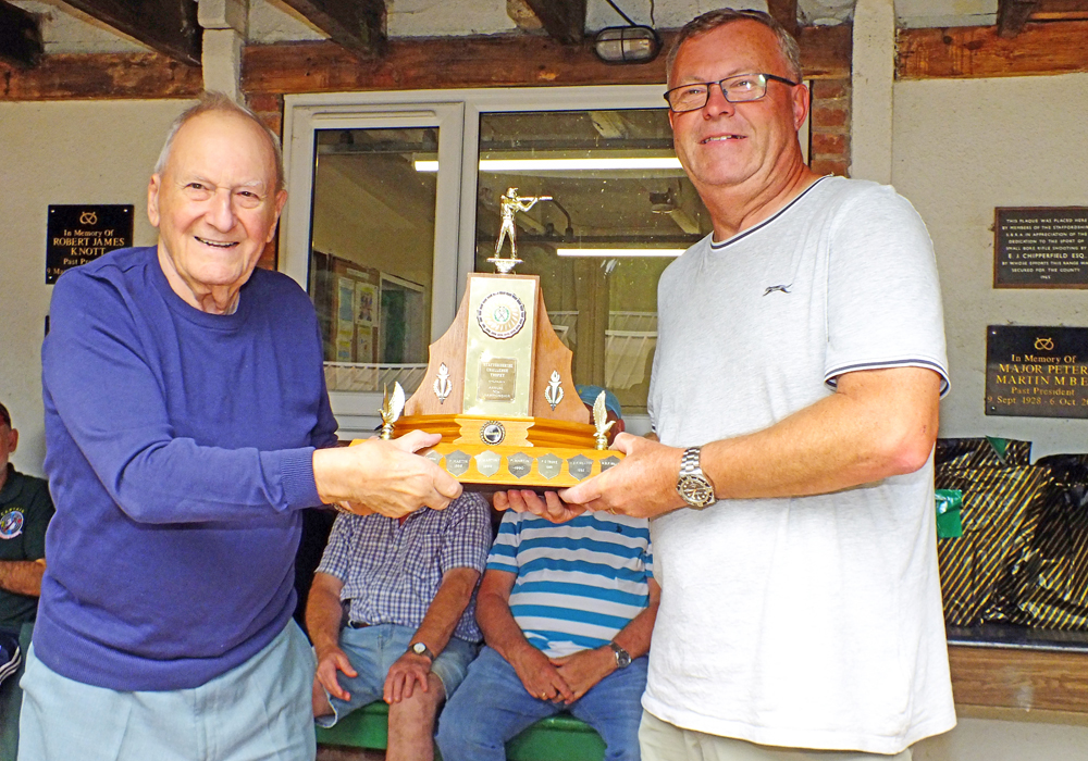 Photograph shows SSRA President - Mike B.P. Willcox (pictured left), presenting the 50 Metres Challenge Trophy for 2026 to Dave Glover (pictured right).