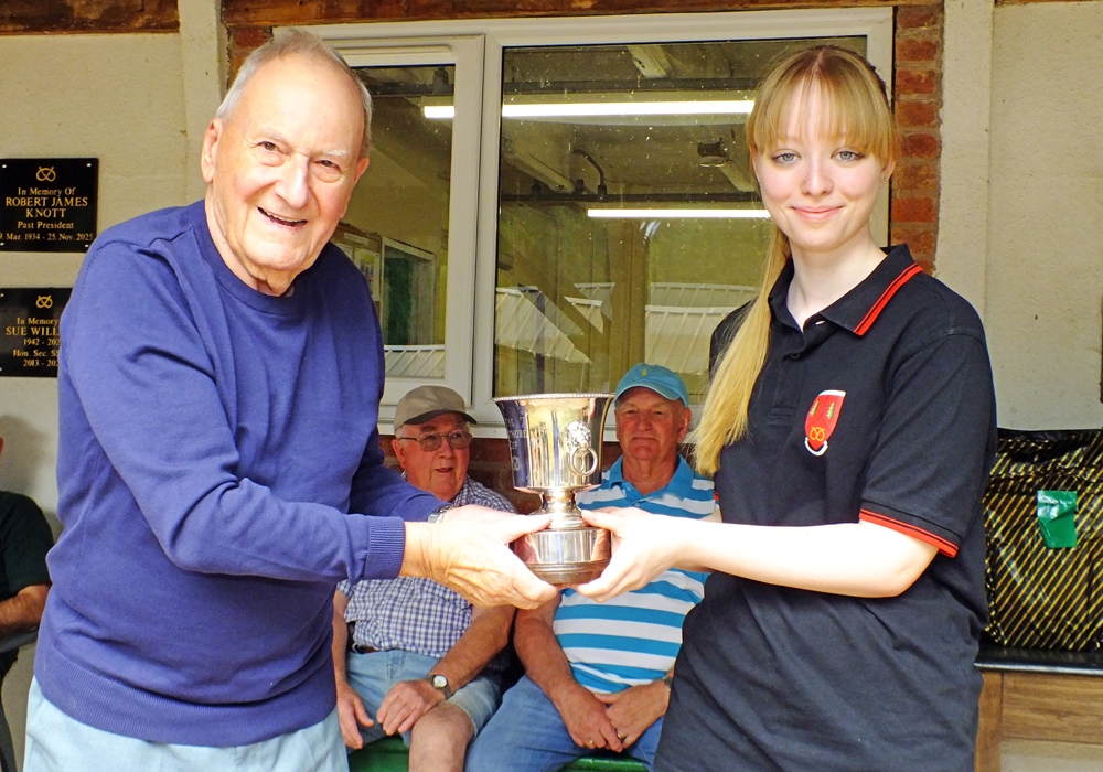 Photograph shows SSRA President - Mike B.P. Willcox (pictured left), presenting the Whitmore Cup for 2026 to Phoebe Houghton (pictured right).