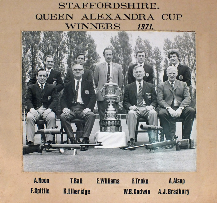 Photograph shows members of the successful Staffordshire Smallbore Rifle Team, as they proudly display the Queen Alexandra Cup in 1971 at Bisley.